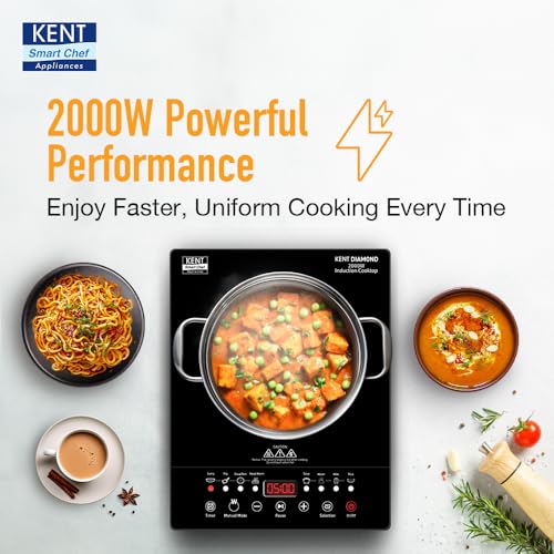 KENT Diamond Induction Cooktop 2000W|8 Preset Menu|Full Microcrystalline Glass|Feather Touch Buttons & Led Display|Milk Boiling & Keep Warm Function|Overheat Protection & Auto Turn-Off, Radiant,Black