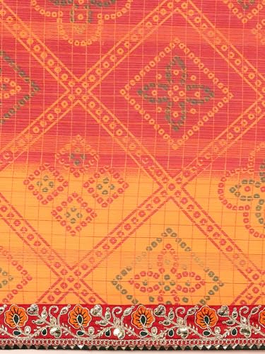 Panzora Women's Yellow Georgette Bandhani Gota Patti Work Border Saree With Unstitched Blouse Piece