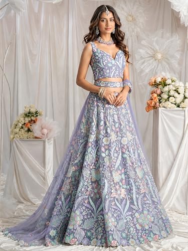 Zeel Clothing Women's Sequins Embroidered Work Soft Net Lehenga Choli With Dupatta (6020-Purple-Women-Lehenga-Choli-New; Free size)