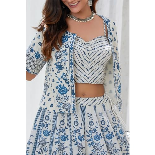 BIBA Women Cotton Straight Printed Lehenga Set (SKD9735SS24WHTBLU_White_XXL)