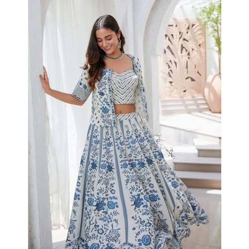 BIBA Women Cotton Straight Printed Lehenga Set (SKD9735SS24WHTBLU_White_XXL)