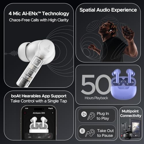 boAt Airdopes 300, Cinematic Spatial Audio, 50H Battery, 4Mic AI ENx, Fast Charge, App Support, Low Latency, IPX4, v5.3 Bluetooth Earbuds, TWS in Ear Earbuds Wireless Earphones with mic (Purple Haze)
