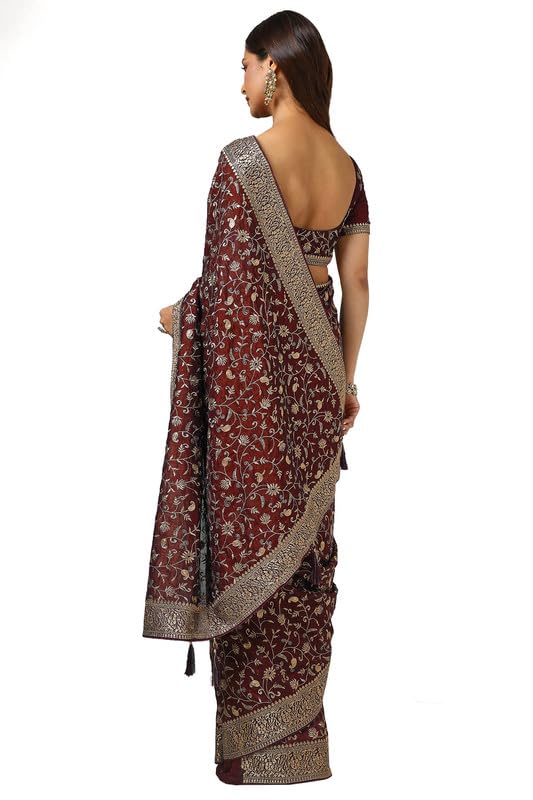 Soch Womens Maroon Tussar Embroidered Saree With Stone Work