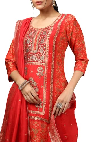 Soch Women Orange Brocade Ethnic Motifs Suit Set with Faux Mirror And Sequins