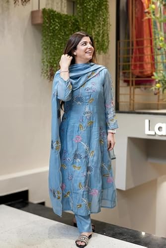 AVYUKTHA | Women Floral Embroidered Tiered Kurta with Palazzos & Dupatta | Thread Work Ethnic Set for Festive, Casual & Party | Blue | Size- M