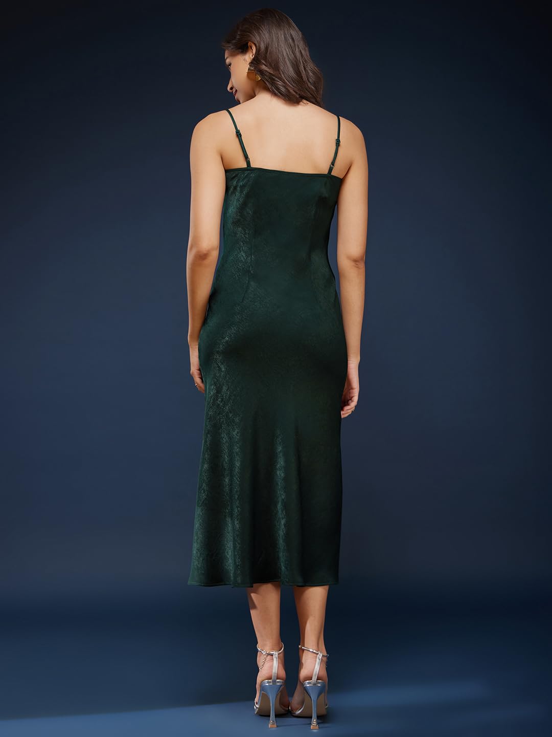 FableStreet Women Satin Cowl Neck Slip Dress - Olive (FSDR1105BTGR-L), Knee-Length, Sheath