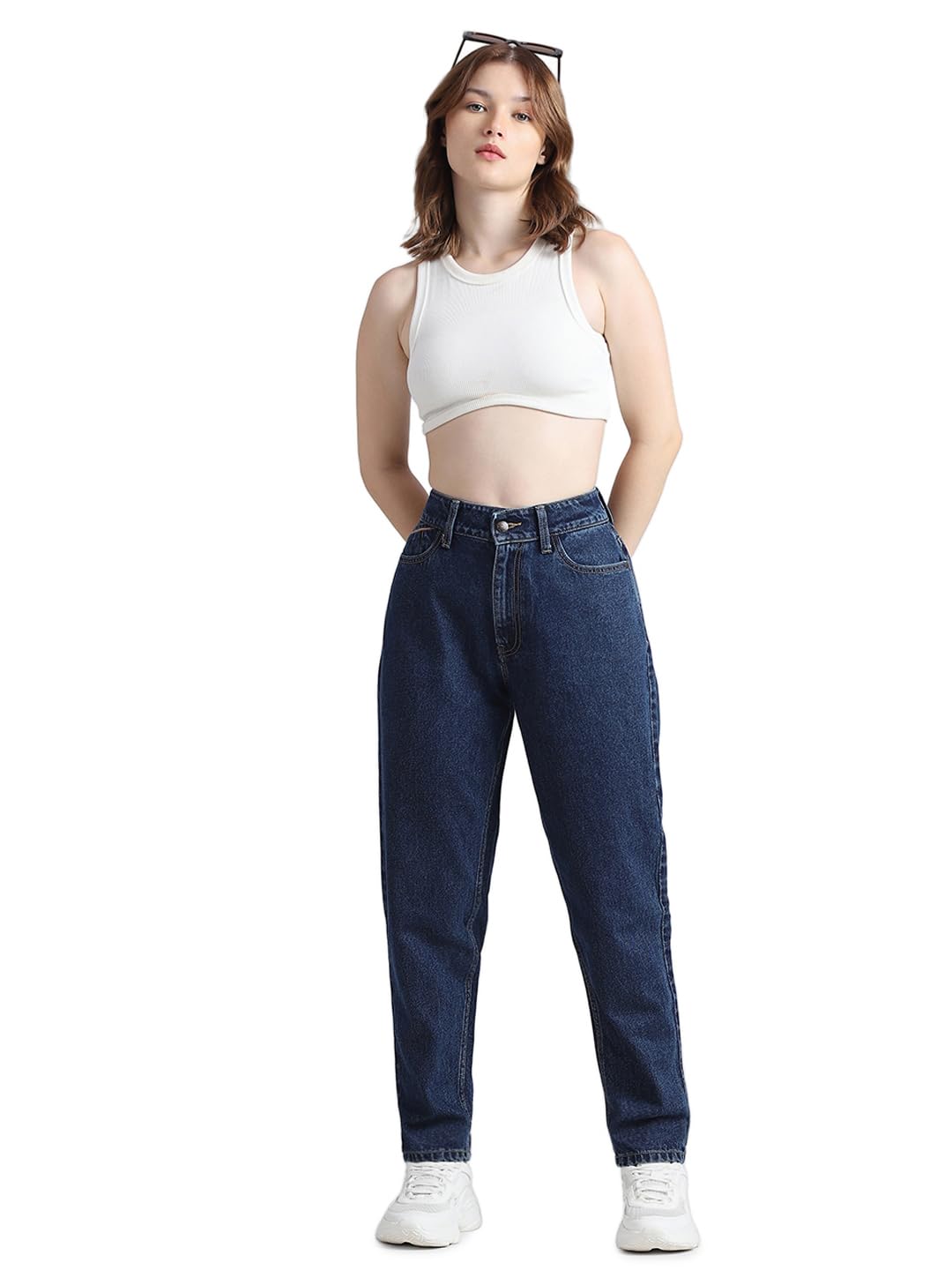ONLY Women Solid Cotton Boyfriend Fit High Rise Blue Jeans