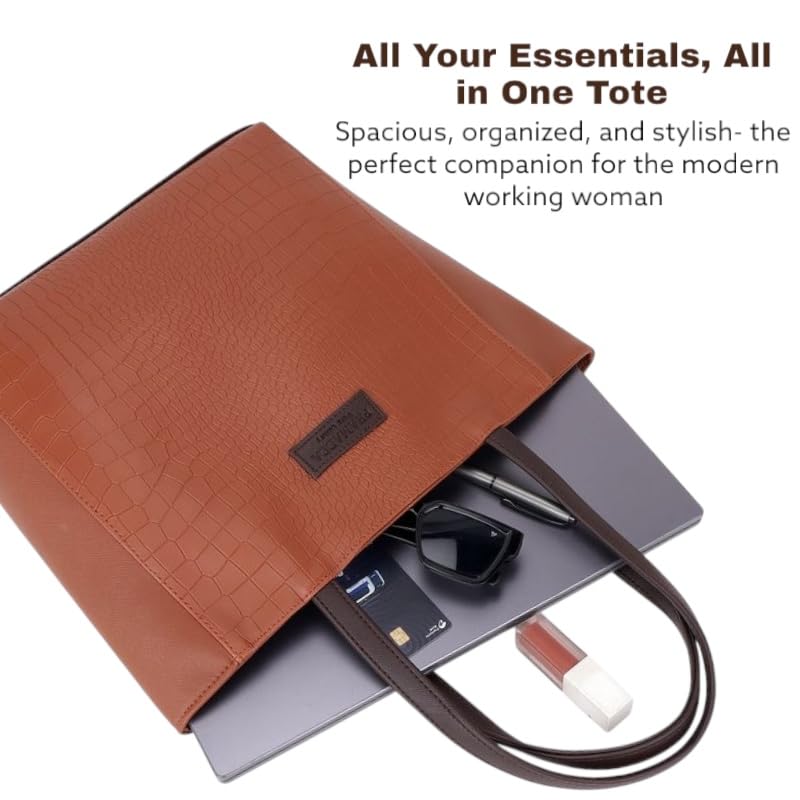 Pramadda Pure Luxury Stylish Faux Leather Tote Bag For Women | Shoulder Handbag For College Office Daily Use | Solid Checks Dual Tone | Gift Item For Women. (Tan)