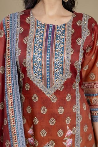 NIVANA Embroidered & Printed Asymmetric Kurta with Palazzo & Printed Dupatta| S | Rust | Paisley & Floral Print | 3 Piece Ethnic Set