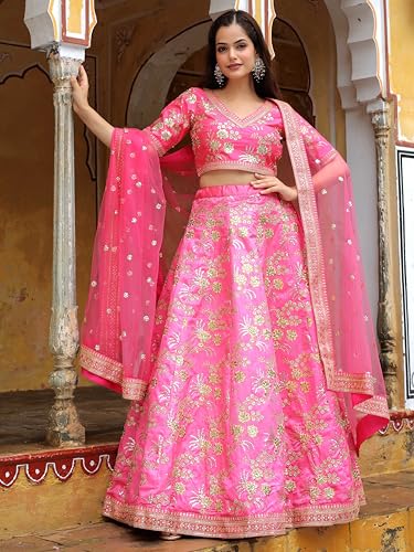Zeel Clothing Women's Zari and Sequins Embroidered Art Silk Lehenga Choli for Women (7028-Pink-Wedding-Bridal-Designer-Lehenga-Choli-Latest; Free Size) (Pink)