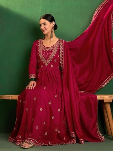 AVYUKTHA | Women Ethnic Motifs Embroidered Kurta with Trors & Dupatta | Traditional Thread Work Kurta Set for Festive & Daily | Red | Size- XL