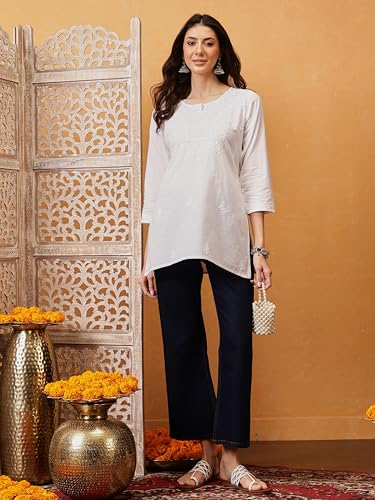 Ada Lucknowi Hand Embroidered Chikankari Cotton Short Kurta Kurti Tunic Top for Women A911364 White (L)