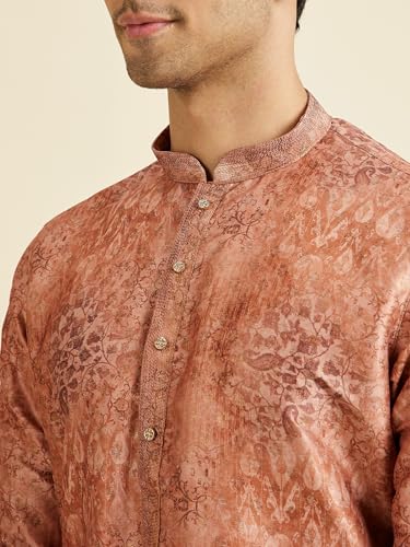 Manyavar Men's Art Silk Printed Kurta Set (Rust,L)