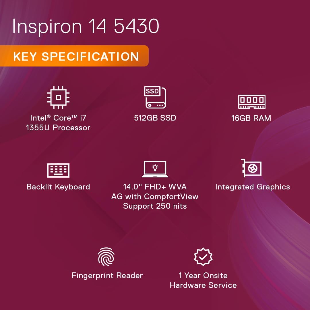 Dell Inspiron 5430 Laptop, Intel Core i5-1335U Processor/ 8GB/ 512GB SSD/ 14.0" (35.56cm) FHD+ Comfort View/Backlit KB/Windows 11+MSO'21/15 Month McAfee/Platinum Silver, Thunderbolt 4.0 Port,1.59kg