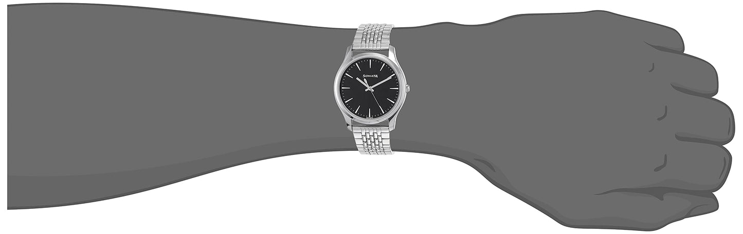 Sonata Essentials Quartz Analog Black Dial Silver Stainless Steel Strap Watch for Men - NS77082SM01