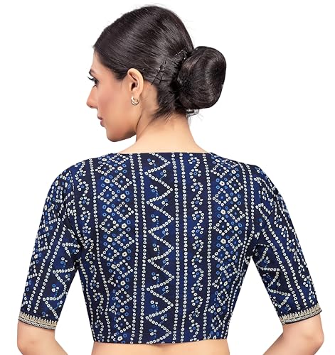 Studio Shringaar Women's Bandhni Printed & Embroidered Saree Blouse with Elbow Length Sleeves (Navy Blue, 44)