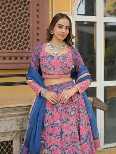 Divena Blue Printed Cotton Lehenga with Choli and Dupatta