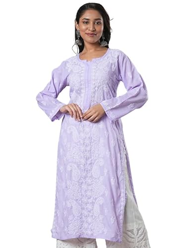 Ada Hand Embroidered Lucknowi Chikankari Cotton Straight Kurta Kurti for Women A411677 Lavender (M)