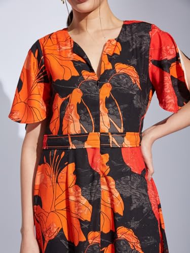 Latin Quarters Women Black V-Neck Short Sleeve Printed A-Line Dress for Casual Wear