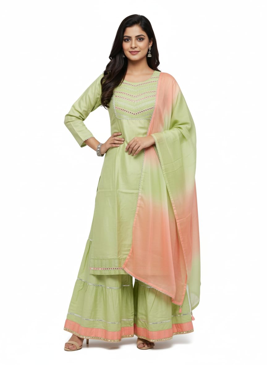 Women's Traditional Sharara Set with Embroidered Yoke, Mint Green and Peach Ombre Dupatta, Rayon Fabric, Three Piece Ethnic Wear