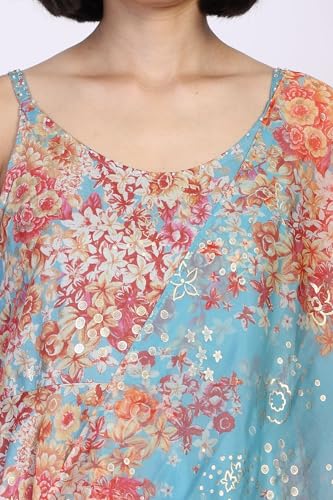 W for Woman Floral Printed Sequined Flared Chanderi Kurta with Pant and Dupatta Set - Turquoise (WS13204-126198-XS)
