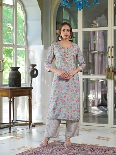 Divena Light Grey Floral Print Muslin Kurta Trouser with Dupatta