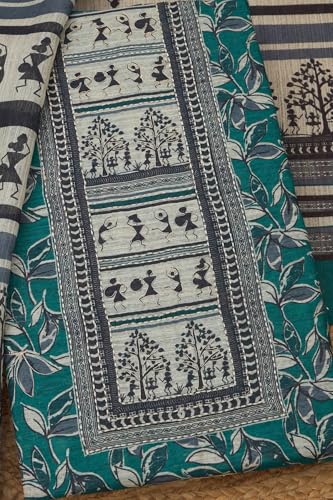Soch Womens Teal Green Art Tussar Floral Print Unstitched Dress Material With Zari