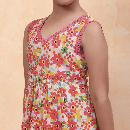Biba Girls Coral Tiered Cotton Printed Kurta suit set