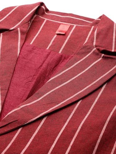 Cottinfab Women Maroon & White Striped Single-Breasted Pure Cotton Casual Blazer