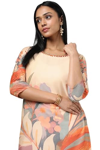 Soch Womens Peach Muslin Floral Print Kurta with Mirror Work