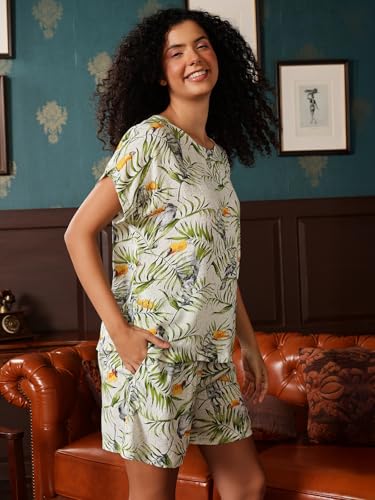 Clovia Women's Rayon Printed Top & Shorts Set (LS0533P11_Green_L)