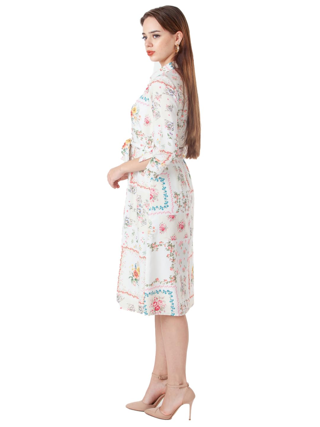 Zink London Women's White Printed A-Line Midi Dress