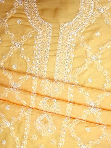 Ada Hand Embroidered Lucknowi Chikankari Unstitched Cotton Dress Material Suit Piece with Dupatta for Women 01A869337 Yellow