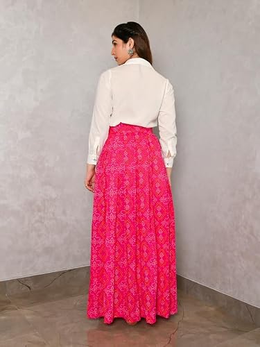 Aaheli Women’s Printed Bandhani Shirt and Skirt Set | Laasya Ethnic Co-Ord Set with Long Shirt and Flared Maxi Skirt | Traditional Festive Occasion Wear Outfit | White & Pink
