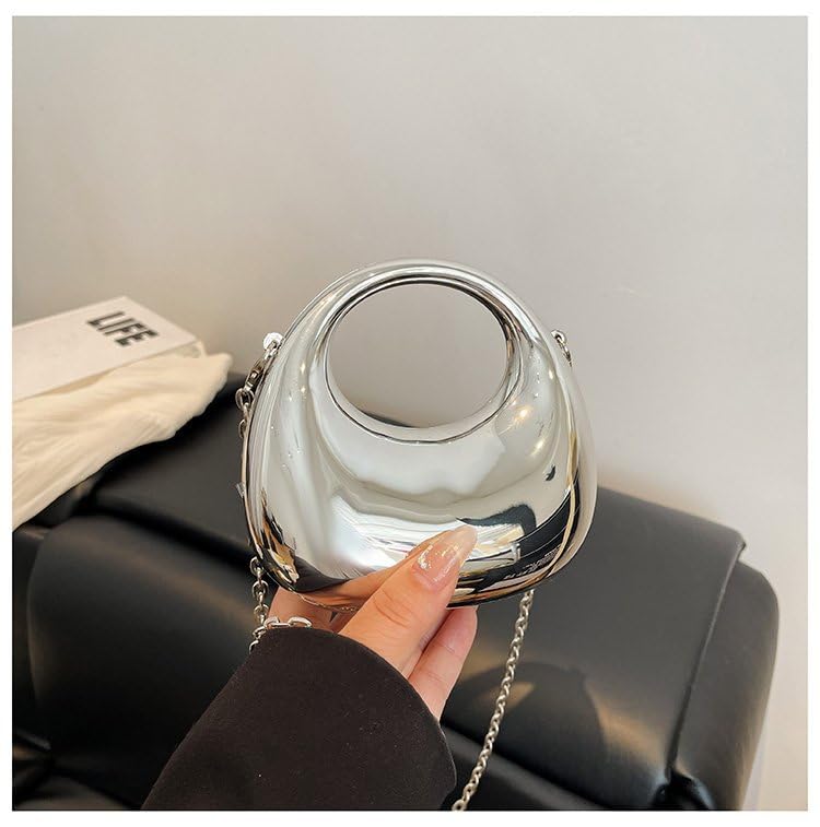 DOSYSO Women and Girls Moon Clutch Purse Acrylic Evening Handbag Crossbody Sling Bags With Detachable Chain Strap Glossy Stylish Latest Small Size Cute Wallet Party Wedding Gift Item (Glossy Silver)