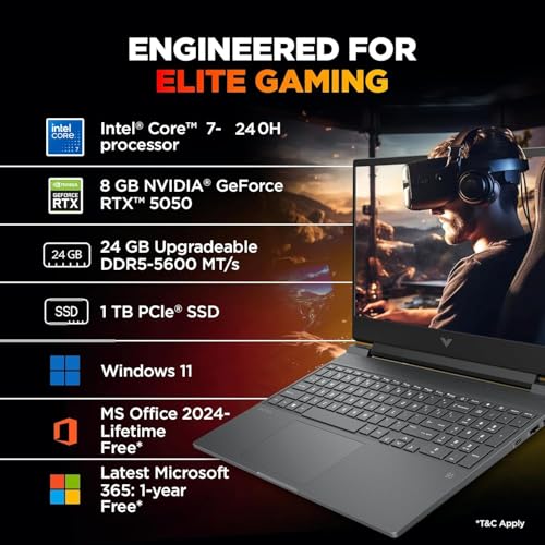 HP Victus, Intel Core 7 240H, 8GB RTX 5050, 24GB DDR5(Upgradeable) 1TB SSD, FHD, 144Hz, 300 nits, IPS, 15.6''/39.6cm, Win11, M365* Office24, Mica Silver, 2.29kg, fa2409TX, RGB Backlit, Gaming Laptop