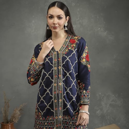 BIBA Women's Silk Chanderi Kurta Sets (CKD10746AW24BLU_Blue