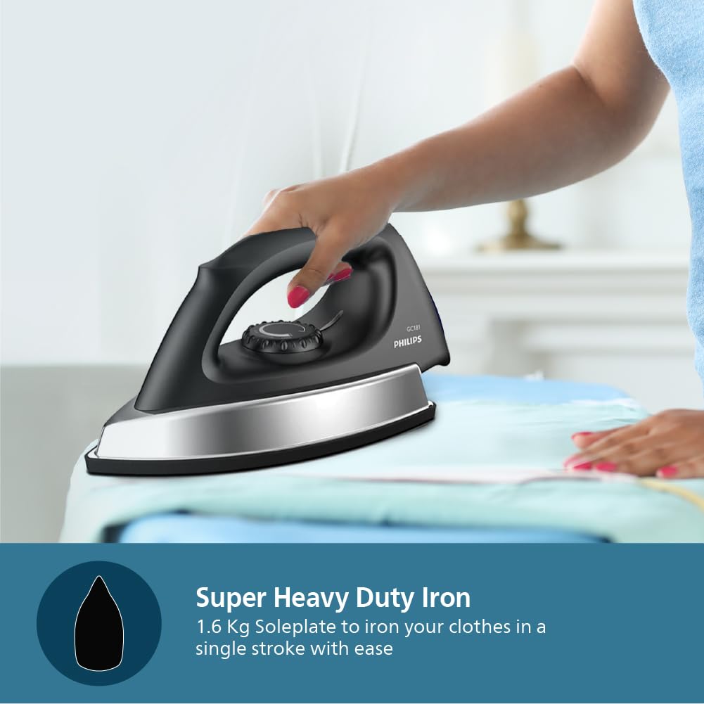 PHILIPS Stainless_Steel Heavyweight Dry Iron Gc181/8-1000 Watts Power, Black Non-Stick Soleplate, Ergonomic Grip