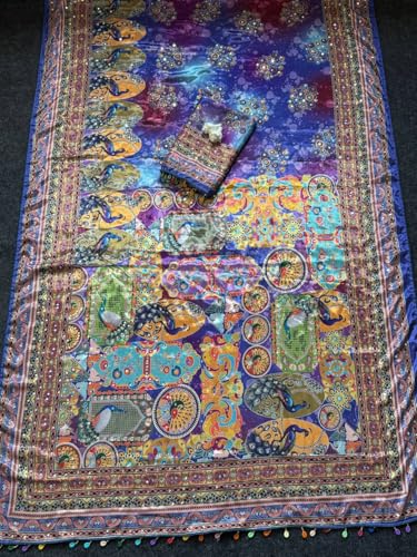 SHANTVAN GALLERY Ajrakh Sarees for Women Roman Silk Ajrakh Print Saree for Woman with Mirror Work Border Pallu & Kodi Latkan with Blouse Piece Designer Ethnic Wear