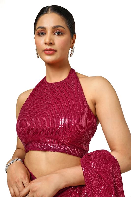 Soch Womens Fuchsia Georgette Embellished Saree With Sequins
