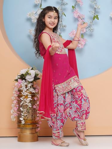 Bitiya by Bhama Girls Yoke Design Pure Cotton Straight Kurta With Salwar & Dupatta(TKS225_13-14y)