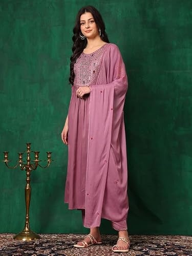 NIVANA Stylish Womens Mirror Embroidered Kurta with Pant & Embroidered Dupatta | Lightweight & Breathable | Ethnic Traditional Outfit for Womens & Girls (Lavender,2XL)