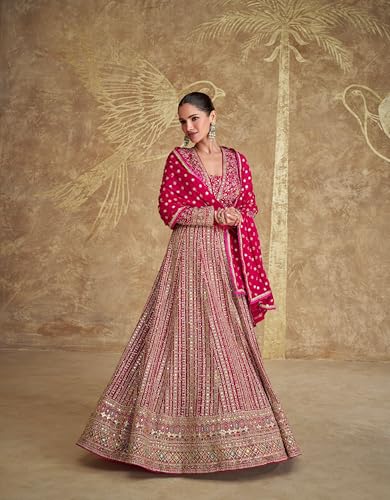 Miss Ethnik Women's Pink Chinon Stitched Gown With Dupatta Full Sleeve Embroidered Anarkali Gown (ME-1275-Pink-XXL)