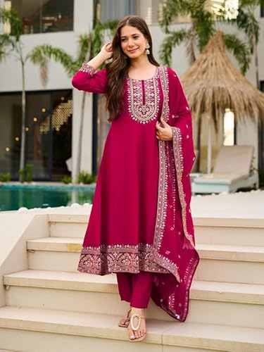 AVYUKTHA | Women Ethnic Motifs Embroidered Panelled Kurta with Trors & With Dupatta | Pink | Size- S