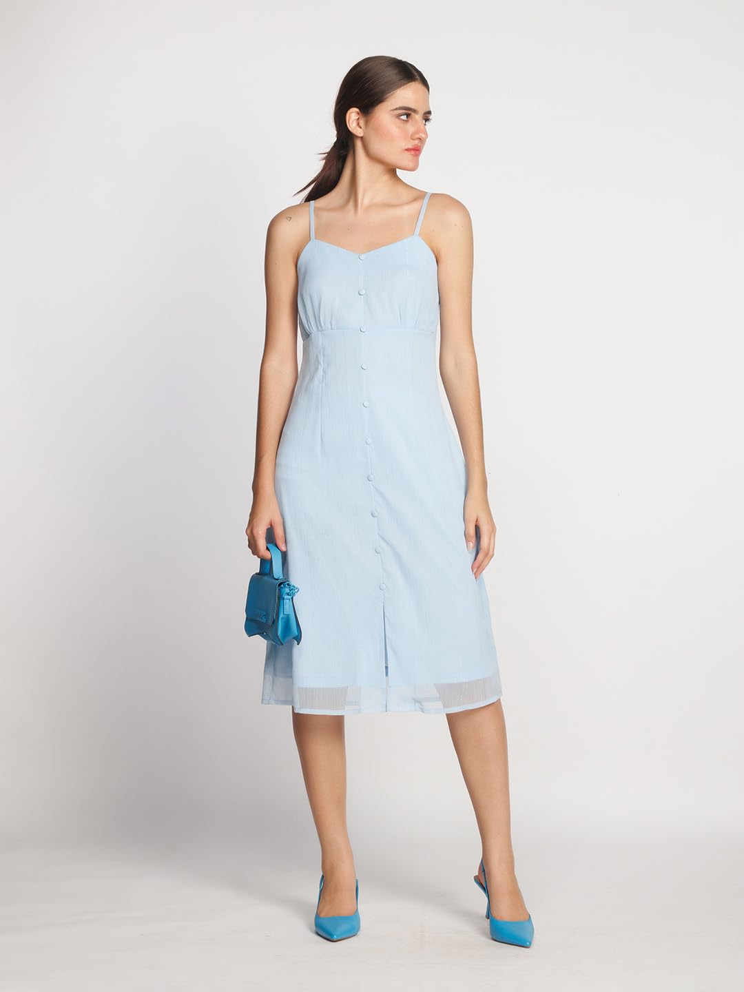 Zink London Women's Sky Blue Solid Empire Midi Dress