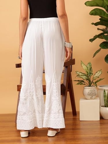 Ada Hand Embroidered Lucknow Chikankari Modal Flared Palazzo Pant Culottes for Women A711189 White (L)