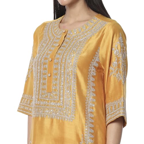 Biba Women Ochre Yellow Cotton Silk Straight Kurta Set_38