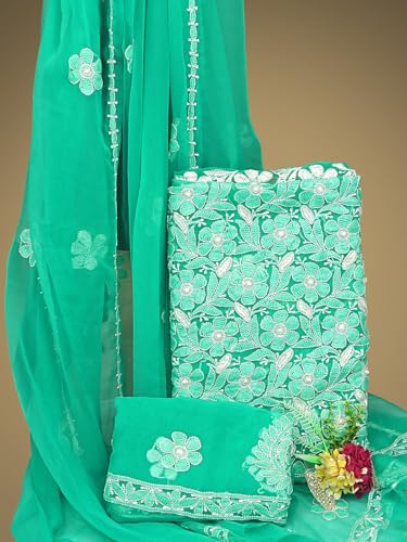 Ada Hand Embroidered Lucknowi Chikankari Georgette Dress Material Suit Piece with Dupatta for Women 01A780078 Sea Green