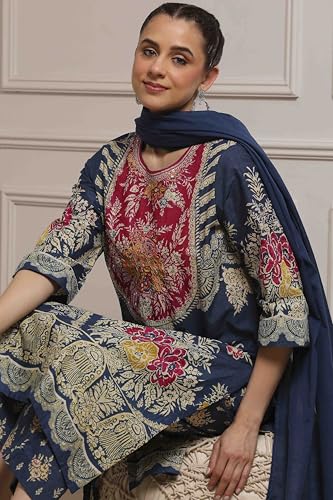 Biba Women Blue Cotton Straight Printed Suit Set_34