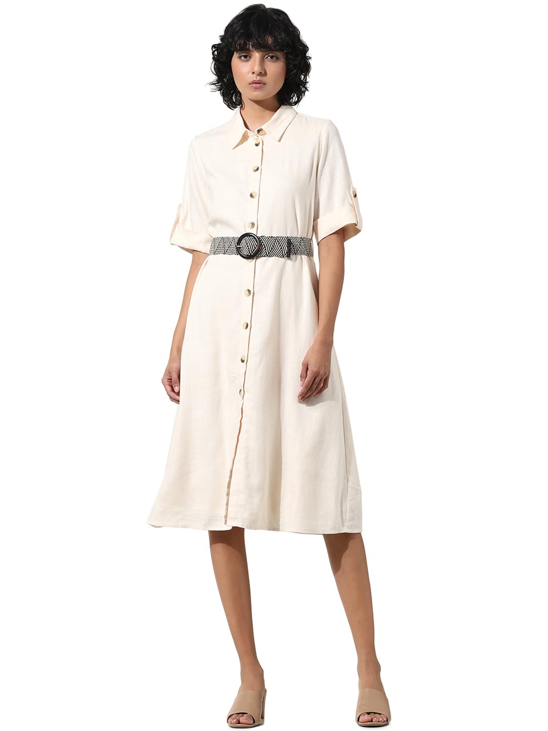 ONLY Women Solid Viscose Midi Cream Shirt Dress